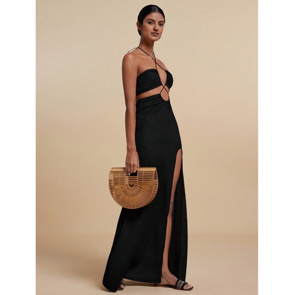 Black Long Dress Strappy Criss Cross Cut Out Detail Neck Ties - Picture 4 of 9